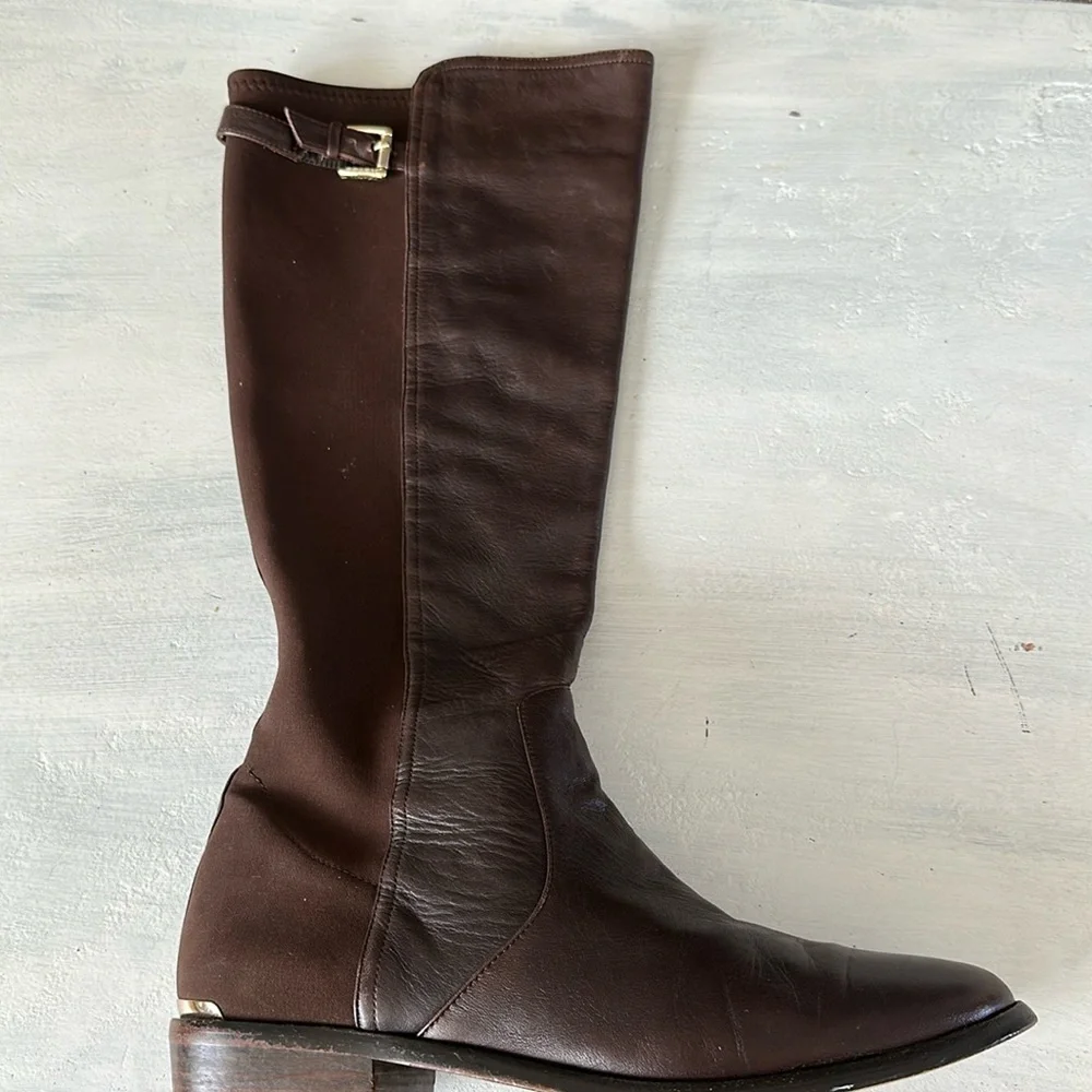Coach Lilac Tall Boots Brown Leather Fabric Stretch Panel Size 10 Buckle Classy - Picture 5 of 16